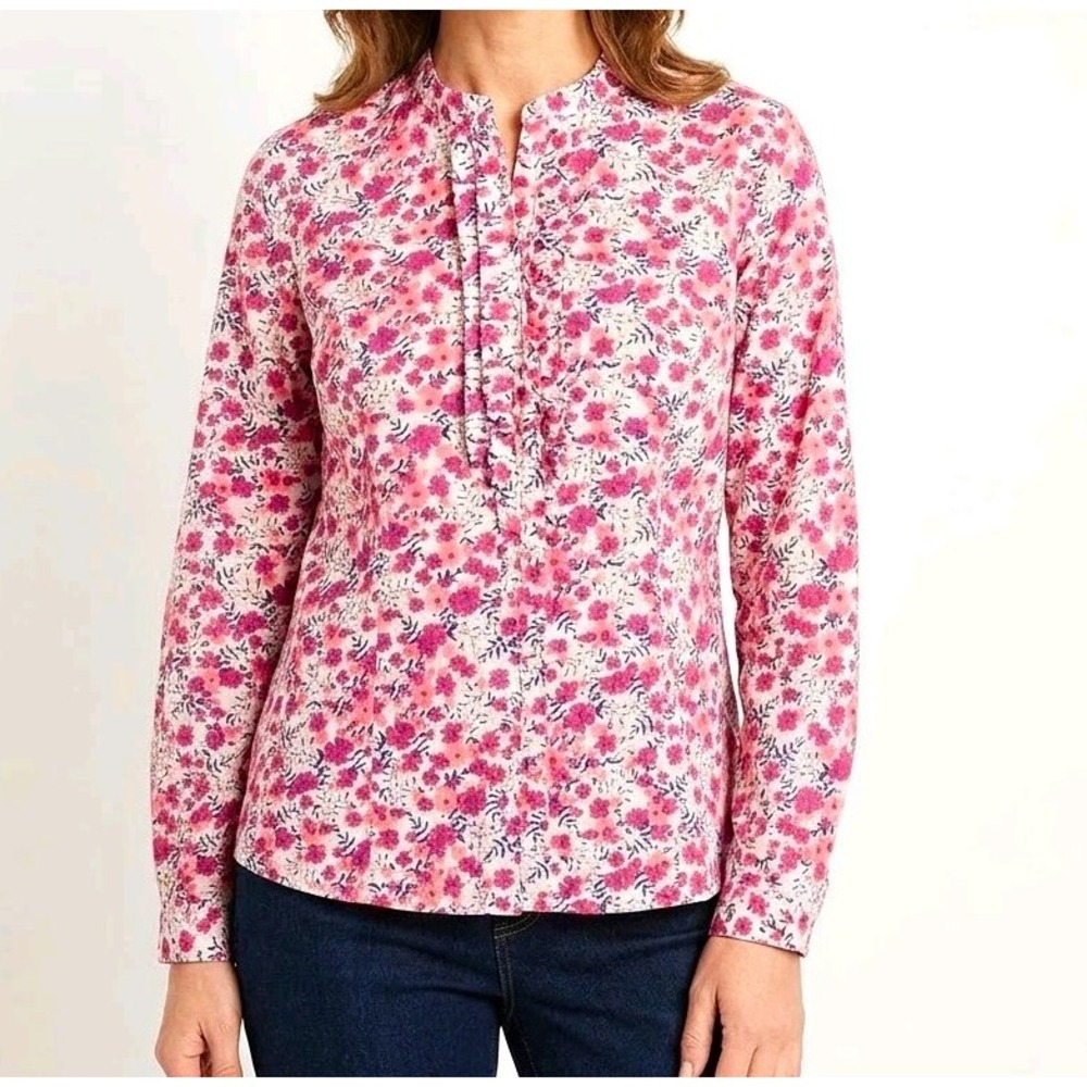 Charter Club Women's Floral Ruffle Collared Woven Cotton Blouse Long Sleeve 16